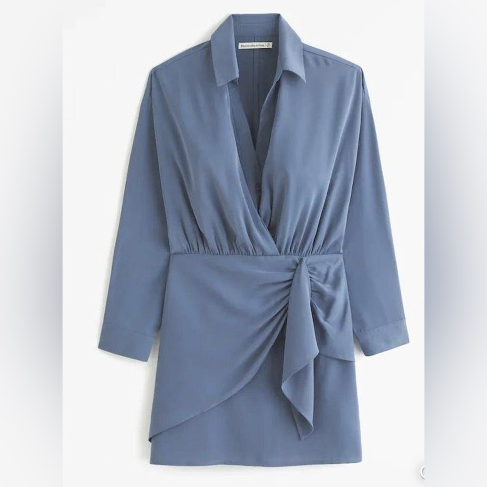 Abercrombie & Fitch Long Sleeve Faux Wrap Draped Slate Blue Dress XLP Petite